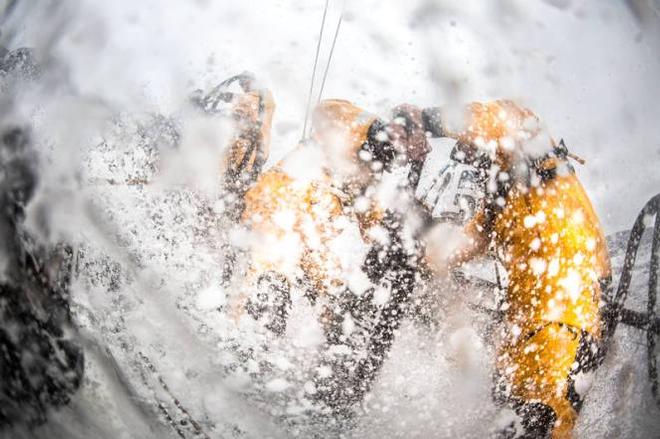 Onboard Abu Dhabi Ocean Racing - Ian Walker and Justin Slattery in the spray of the Southern Ocean - Leg five to Itajai -  Volvo Ocean Race 2015 © Matt Knighton/Abu Dhabi Ocean Racing
